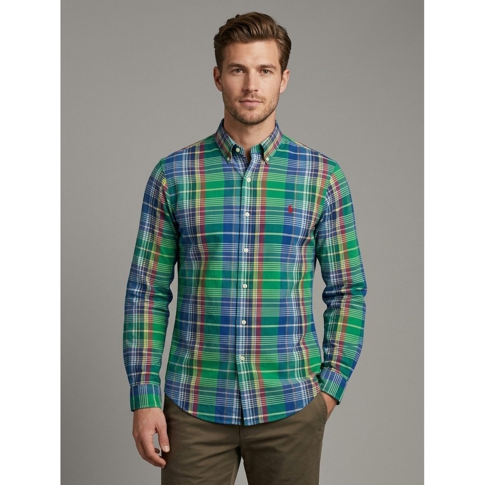 Polo Ralph Lauren Mens Large Custom Fit Plaid Button Down Shirt Green Blue Red